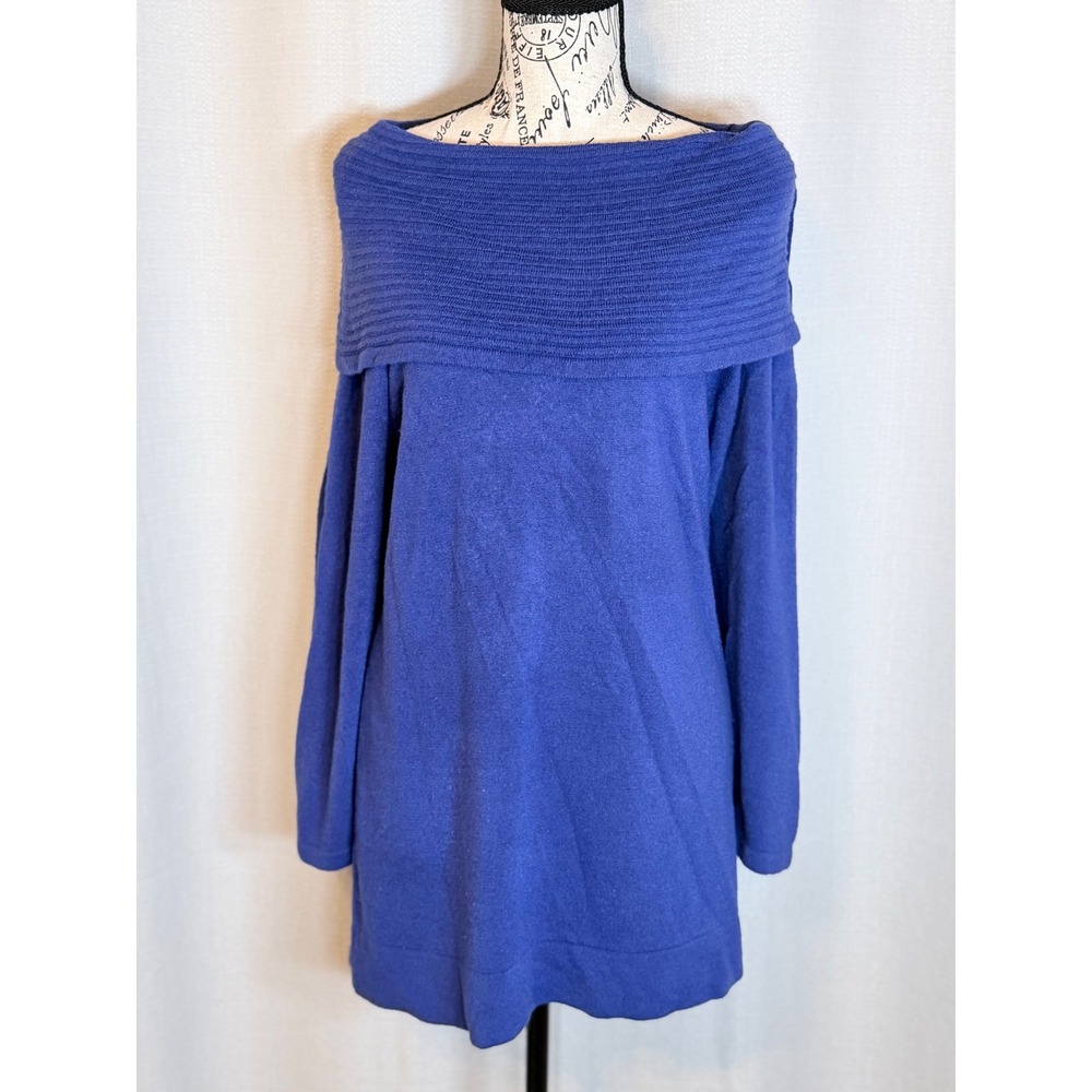 Sag Harbor Sweater Tunic Preppy Blue Ribbed Foldover Collar Size L
